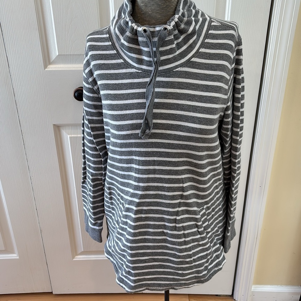 J Crew gray and white striped drawstring scuba waffle pullover sweatshirt